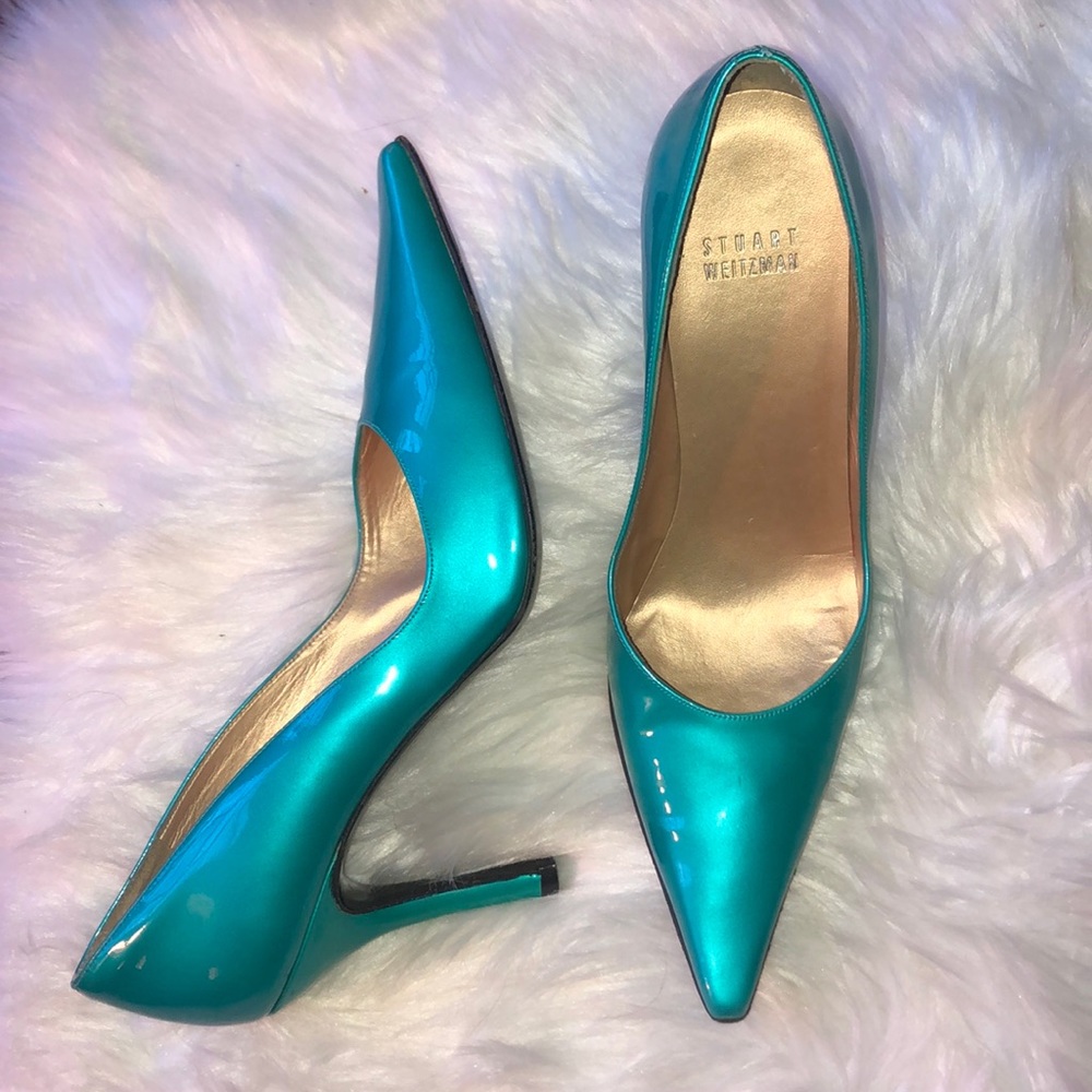 Stuart Weitzman Teal Pointed-Toe Patent Leather Heels